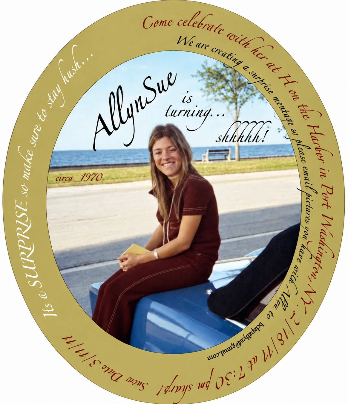 Circular keepsake invitation featuring a young Allyn Sue Udell at the beach, with handwritten words around the frame
