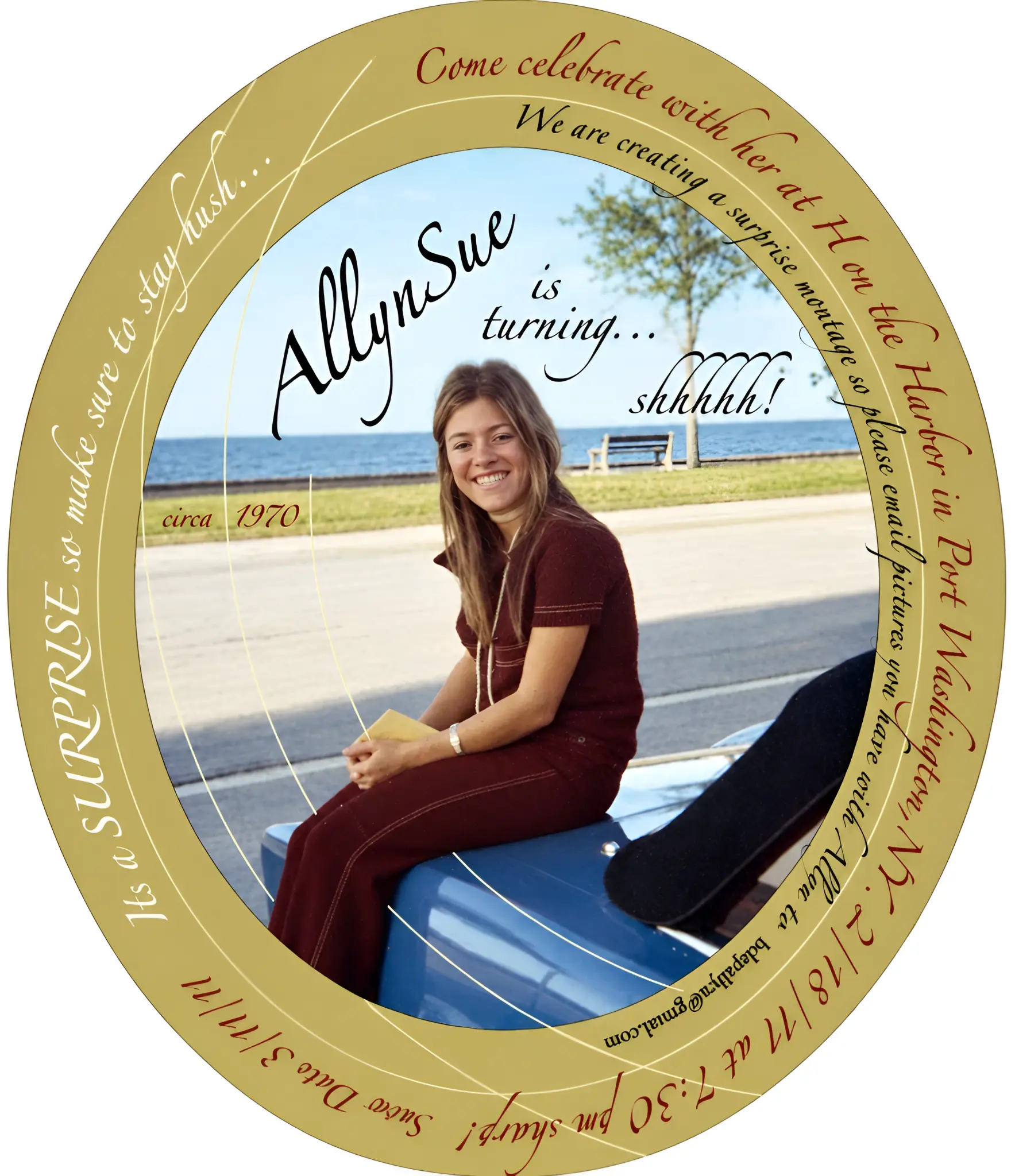 A circular keepsake invitation featuring a youthful photograph of Allyn by the water.