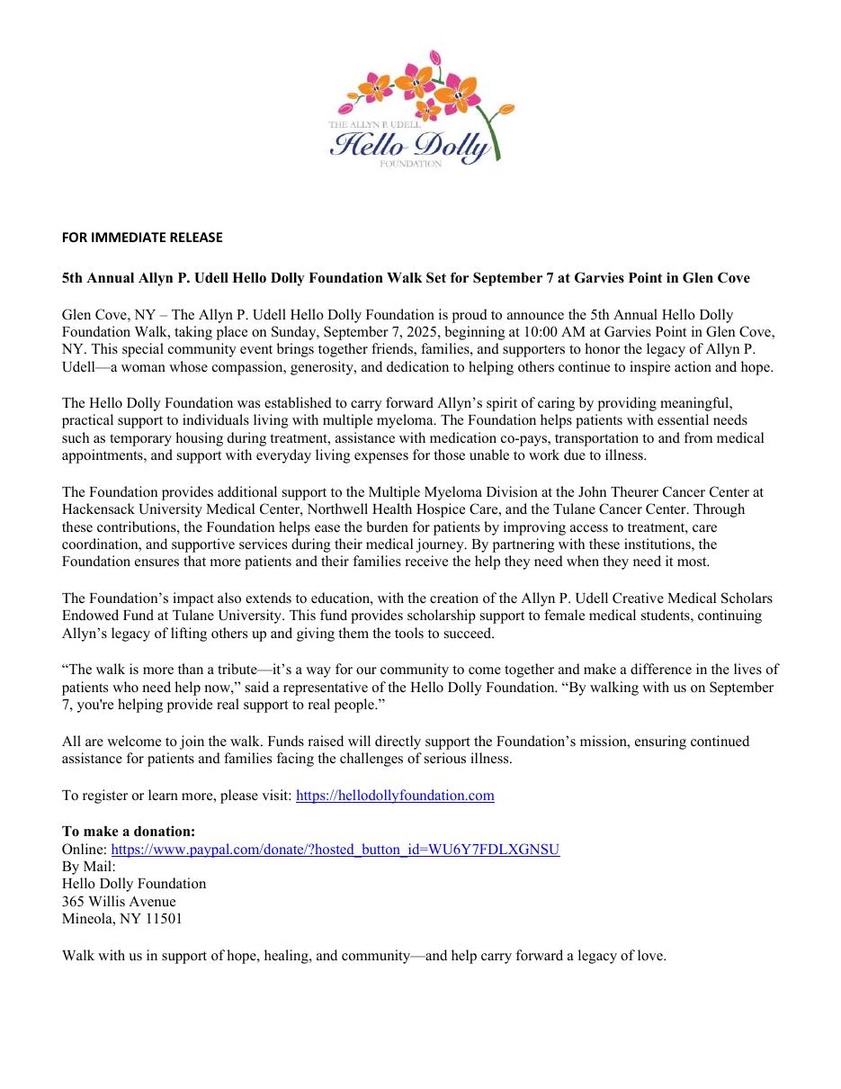 Document preview: 5th Annual Allyn P. Udell Hello Dolly Foundation Walk Set for September 7 at Garvies Point in Glen Cove