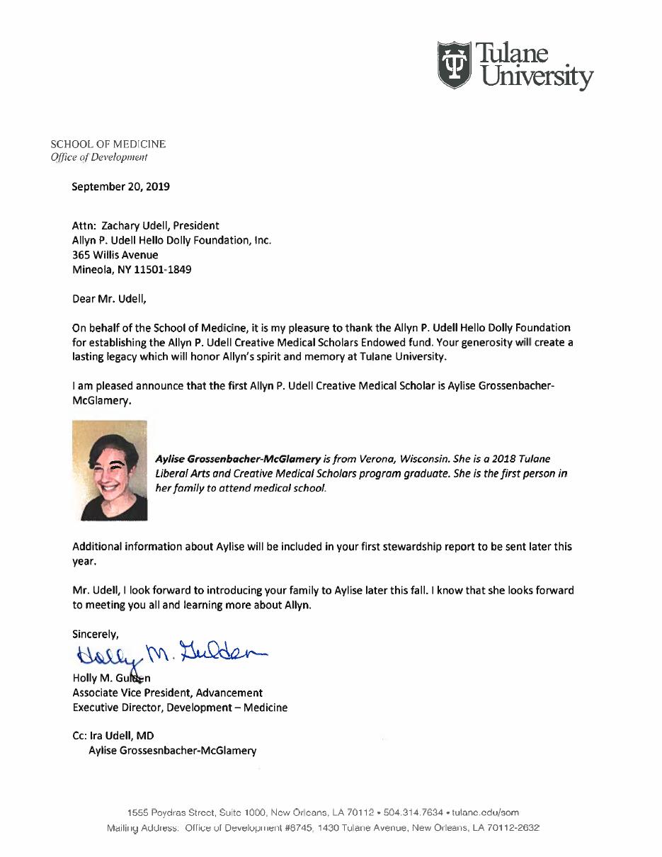Document preview: First recipient of the Allyn P. Udell Creative Medical Scholars Endowed fund