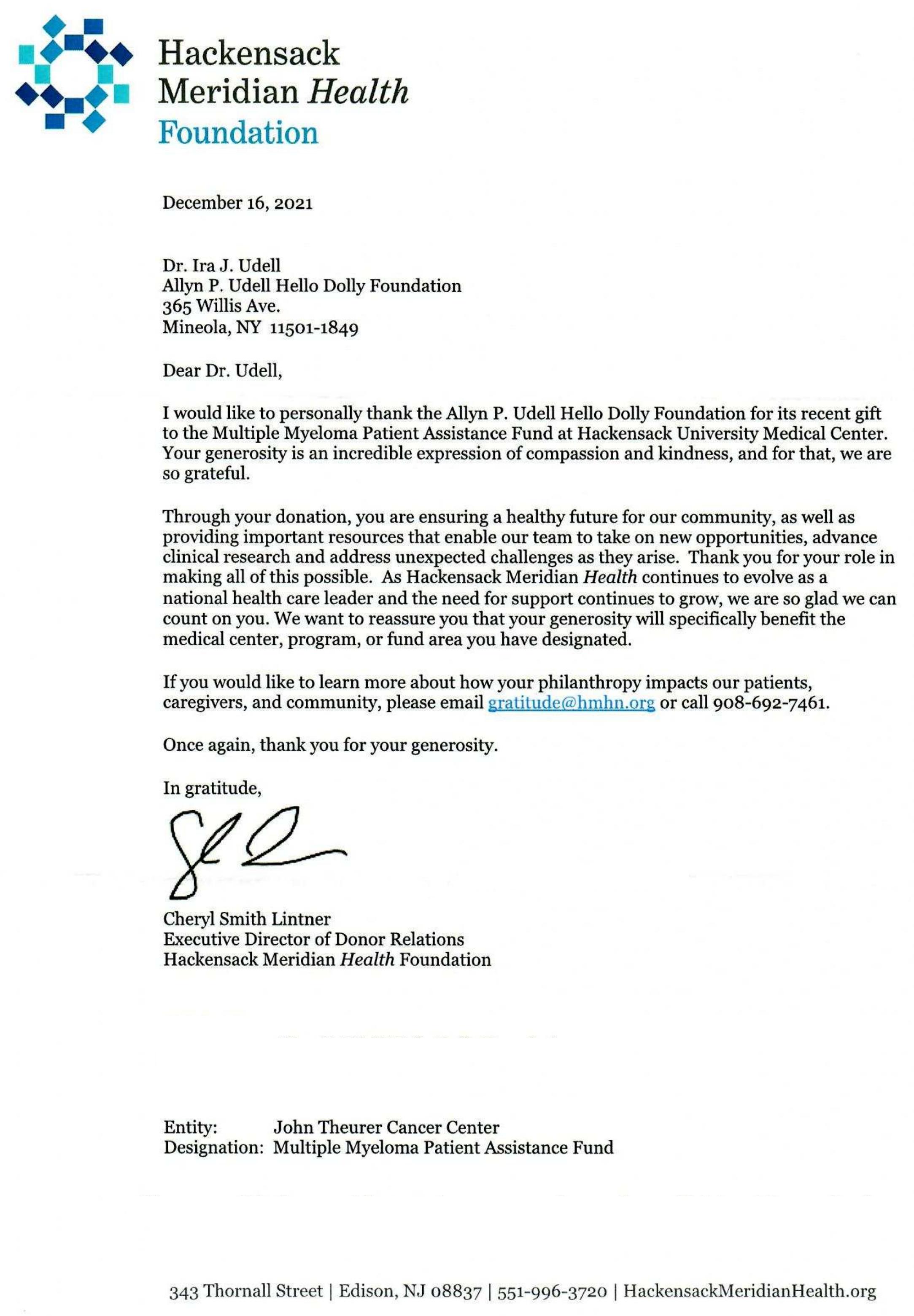 Document preview: Hackensack Meridian Health Foundation Thank You Letter