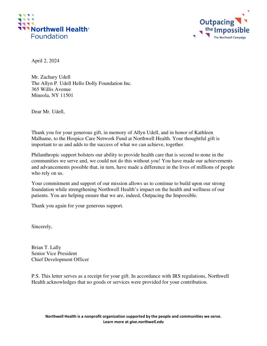 Document preview: Northwell Hospice Donation Letter