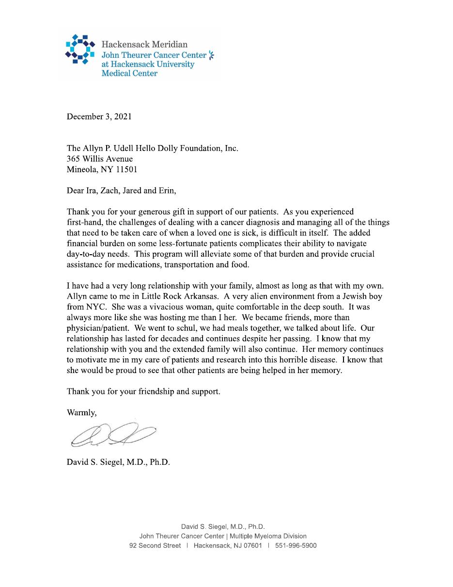 Document preview: Thank you letter from Mr. David Siegal MD